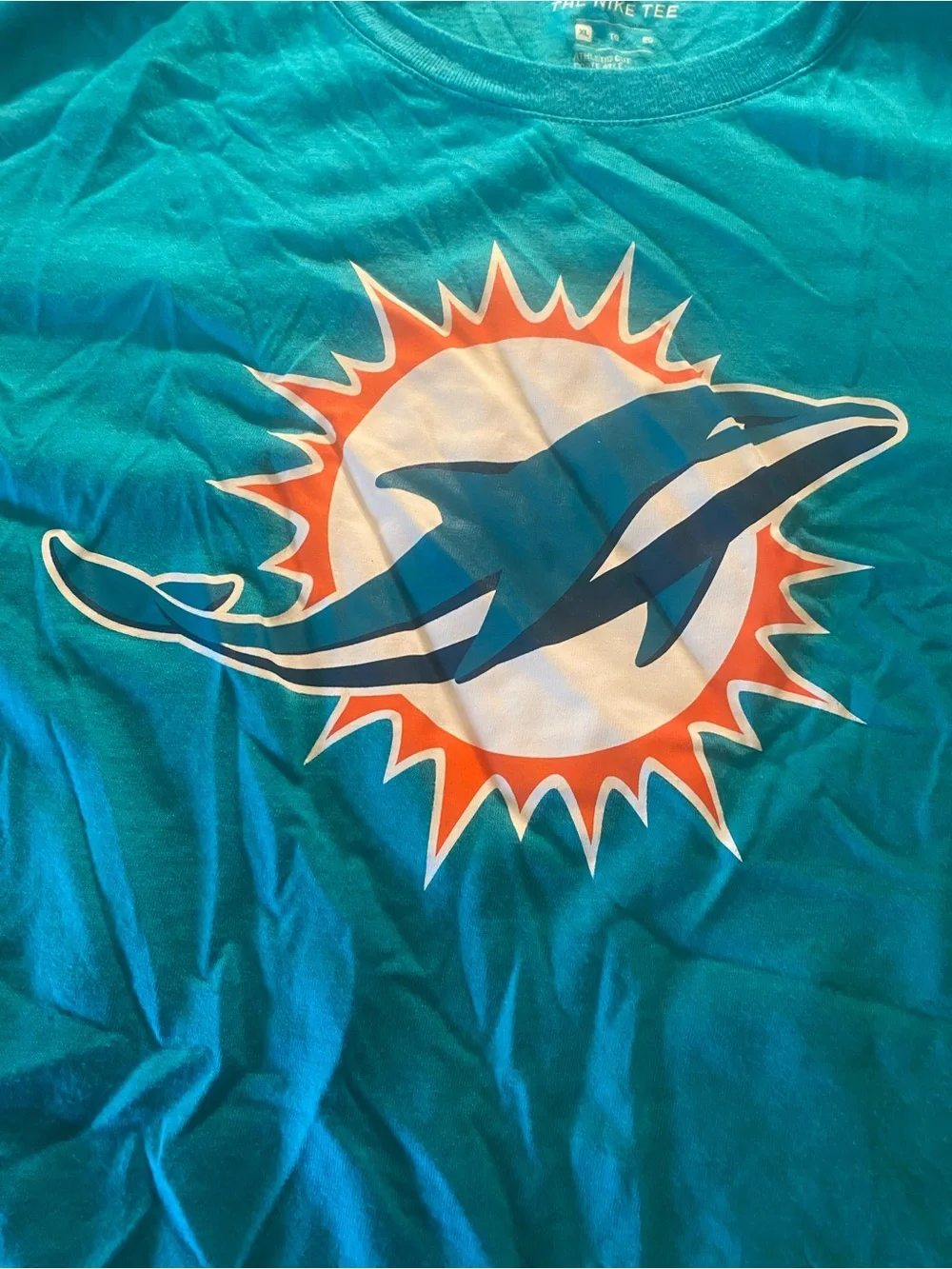 Miami Dolphins womens xl Teal Logo T-Shirt with Orange & White Sleeve Accents